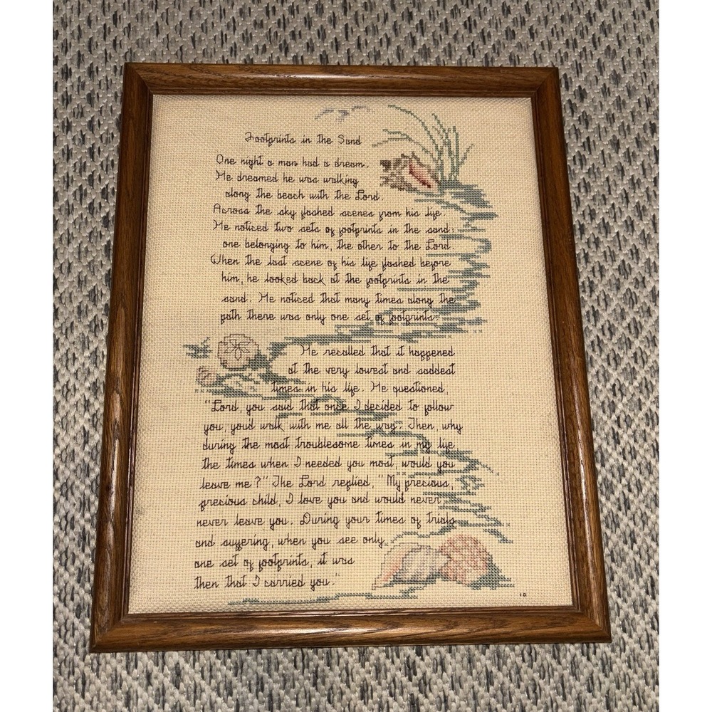 Framed Handmade Cross Stitch Poem Footprints In The Sand Wall Art 11x14 Vintage
